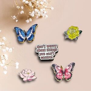 Set of 5 Nature & Mindful Enamel Pins - Butterflies, Florals, & Mantra